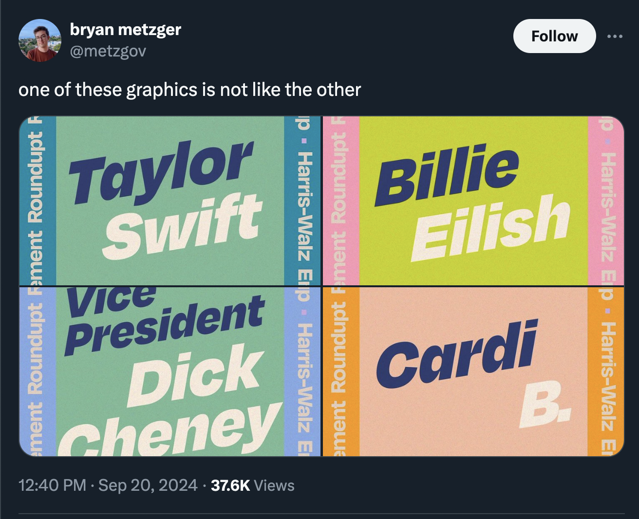 screenshot - HarrisWalz Ep HarrisWalz E bryan metzger one of these graphics is not the other ment Roundupt Fement Roundupt Taylor Swift Vice President Dick Cheney Views pHarrisWalz Erp HarrisWalz E ement Roundupt Fment Roundupt Billie Eilish Cardi B.